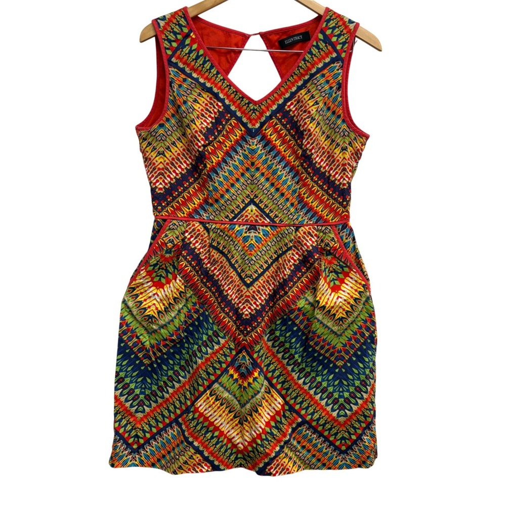 Ellen Tracy Womens Geo Tribal Print Sleeveless V-Neck Dress Pockets Size 10 fest
